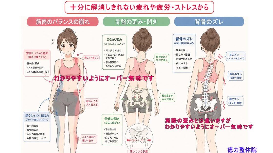 生活による疲れや疲労・ストレスの十分に解消しきれない疲れや疲労が体の歪み、崩れになり、痛みやコリを起こす。北九州市・小倉の徳力整体院。